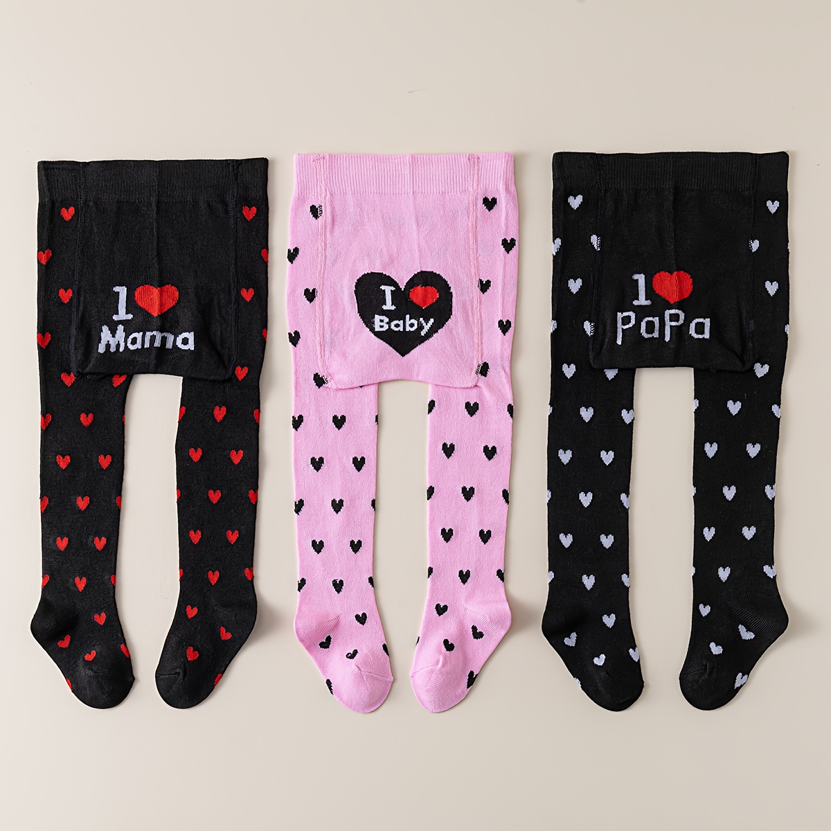 3 Paar Hartvormige Letter Baby Panty's, Ouder-Kind Interactie, Peuter Vakantie Outfit, Kinderen Familie Activiteiten, Warme Zachte Comfortabele Baby Leggings, Panty's voor Meisjes, Panty's voor Baby's
