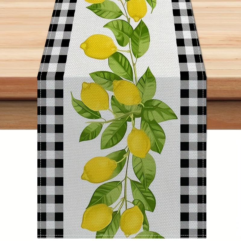 

1pc, Table Runner, Lemon Flower Design Table Runner, Seasonal Burlap Polyester Table Runner, Yellow Buffalo Plaid, Farmhouse Style, Indoor Kitchen Dining Decor