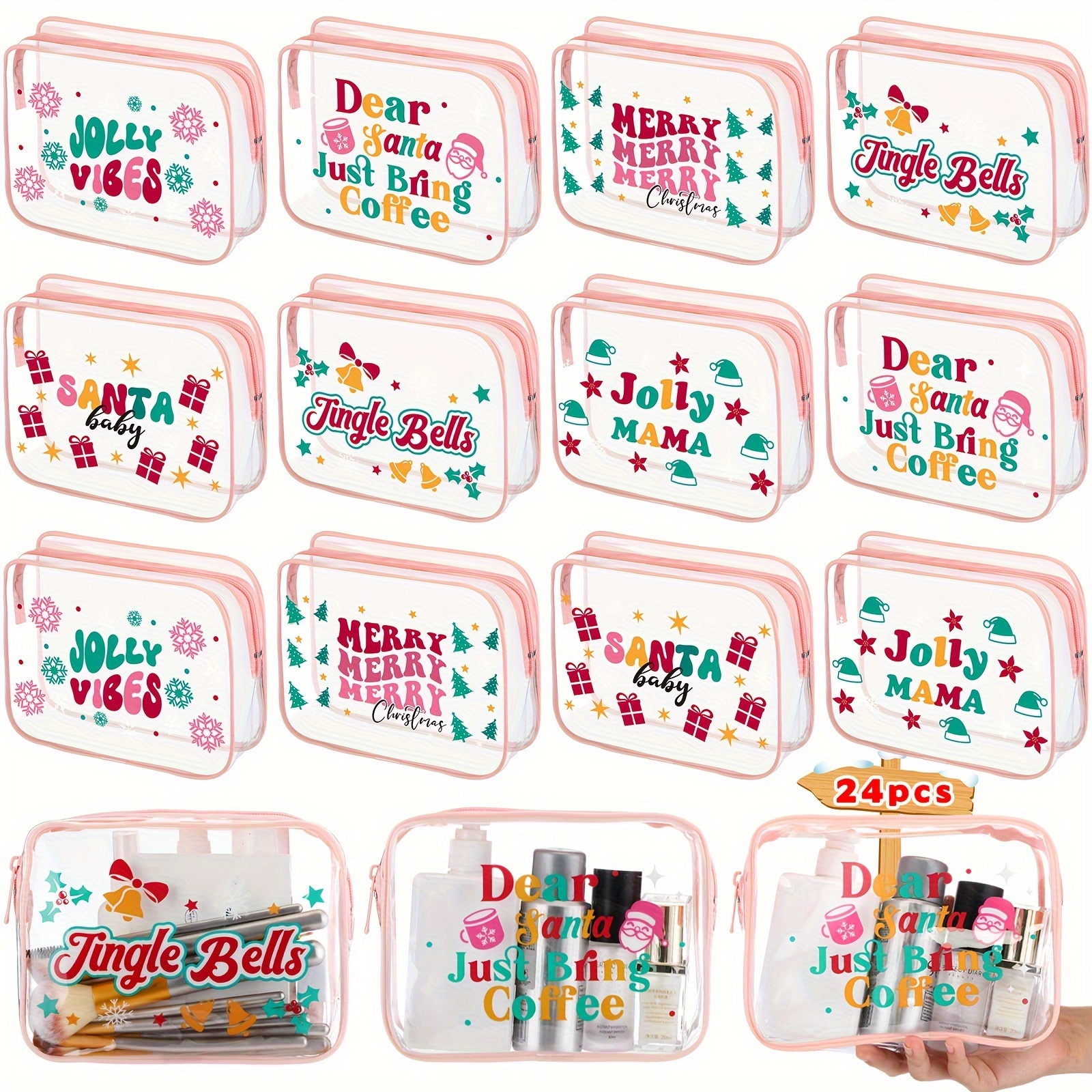 

24 Pcs Christmas Makeup Bags Bulk Xmas Clear Waterproof Toiletry Bags With Zipper Pvc Cosmetic Bags Multipurpose Travel Pouch Organizer Holiday Gift For Family Friends Schoolmates, 6 Style