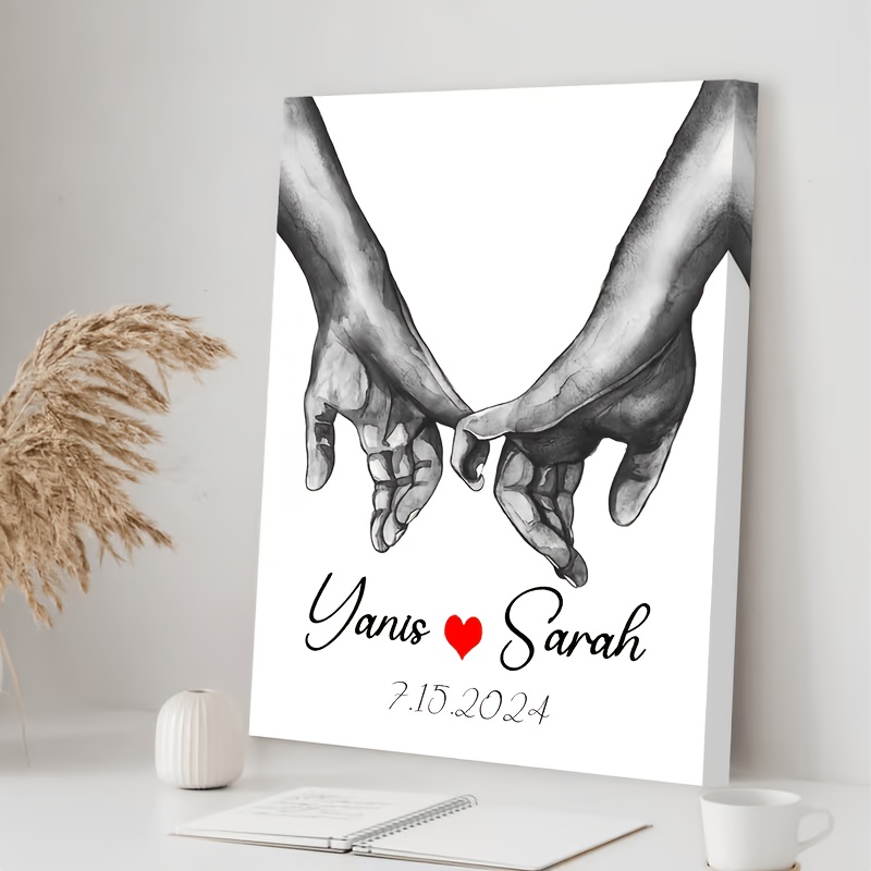 TEMU 2d Flat, Unframed, Custom Couple Love Canvas Artâpersonalized With Names And Date, Hand-in-hand Romantic Poster, Black And White Wall Decor For