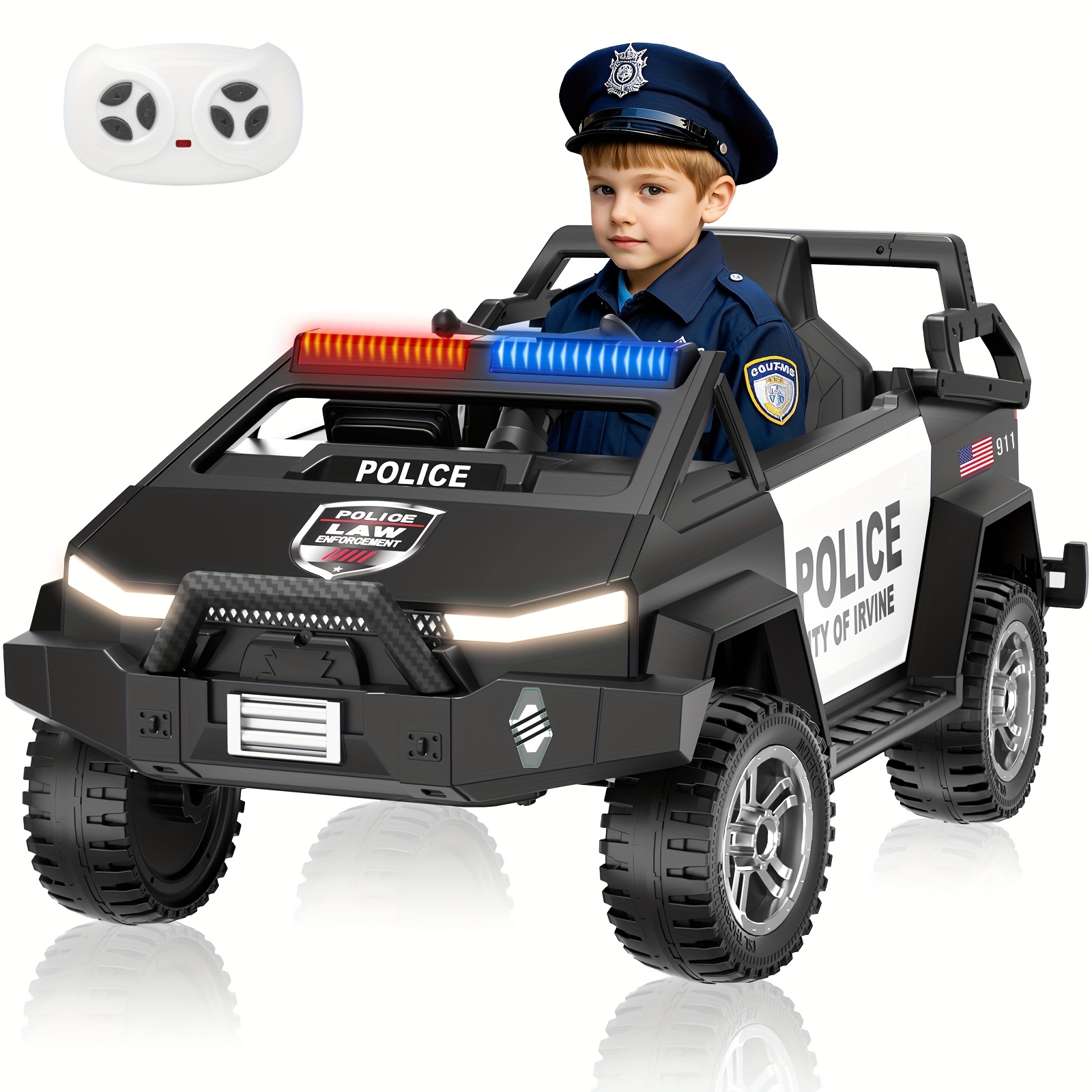 24V Youngsters' Remote-Controlled Police Car with Remote Control, Alarm, Flashing, Music, Spring Suspension, Suitable for 3-8-year-old Girls and Boys' Birthdays or Various Holiday Gifts