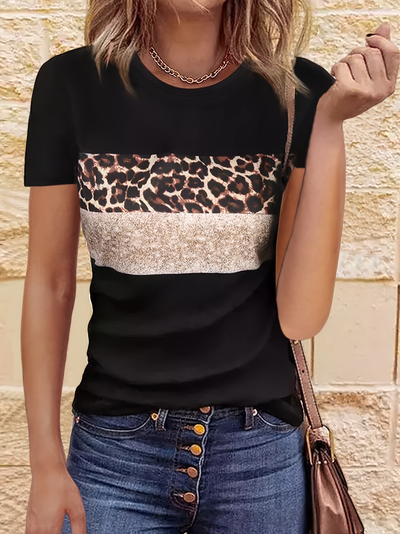 STYLEWORD Women's Leopard Print T Shirts Short Sleeve Color Block