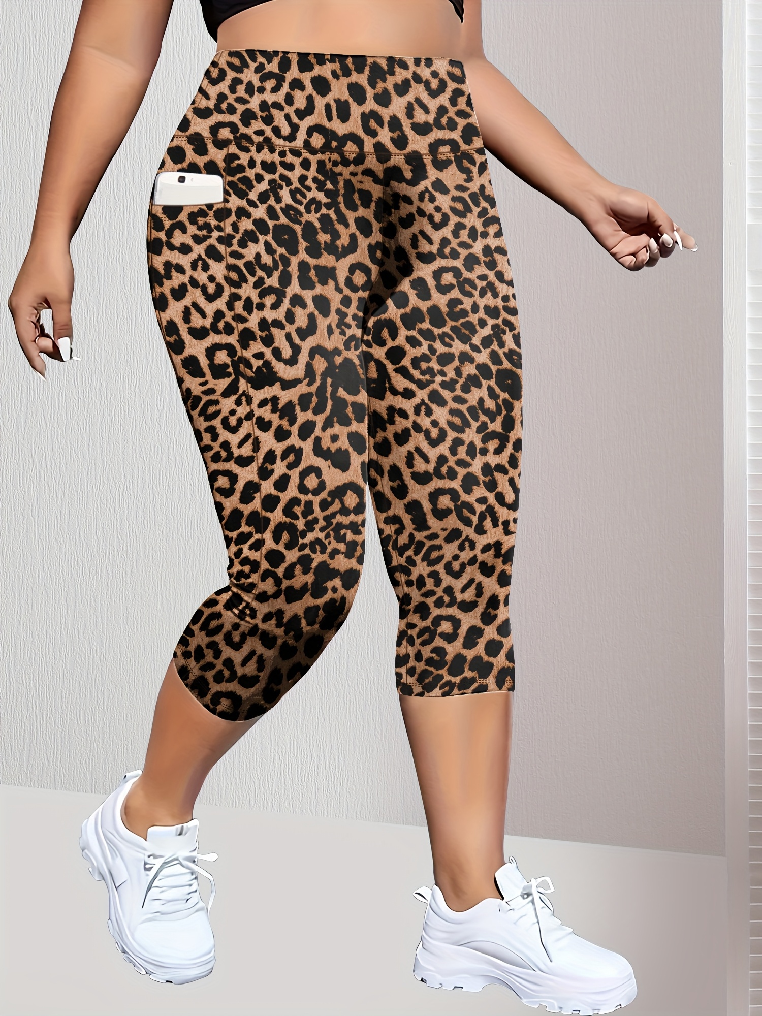 Plus Size High-Waisted Leopard Print Capri Pants with Side Pocket - Stretchy Casual Skinny Jeans for Spring/Summer/Fall, Casual Wear|Leopard Print Pants|Stretchy Fabric