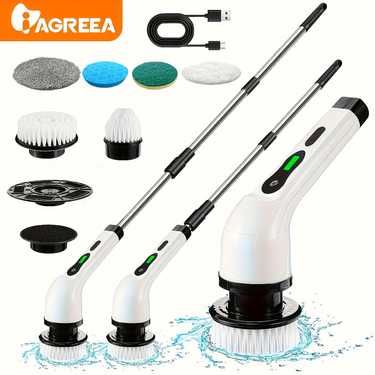 1set, IAGREEA Electric Cleaning Brush, Rotary Floor Scrubber, Electric Rotary Scrubber, Replaceable 6 Brush Heads And Adjustable Extension Handle, 360 Cordless Cleaning Brush For Bathroom, Bathtub, Tiles, USB-C Charging Line Rotary Cleaning Brush