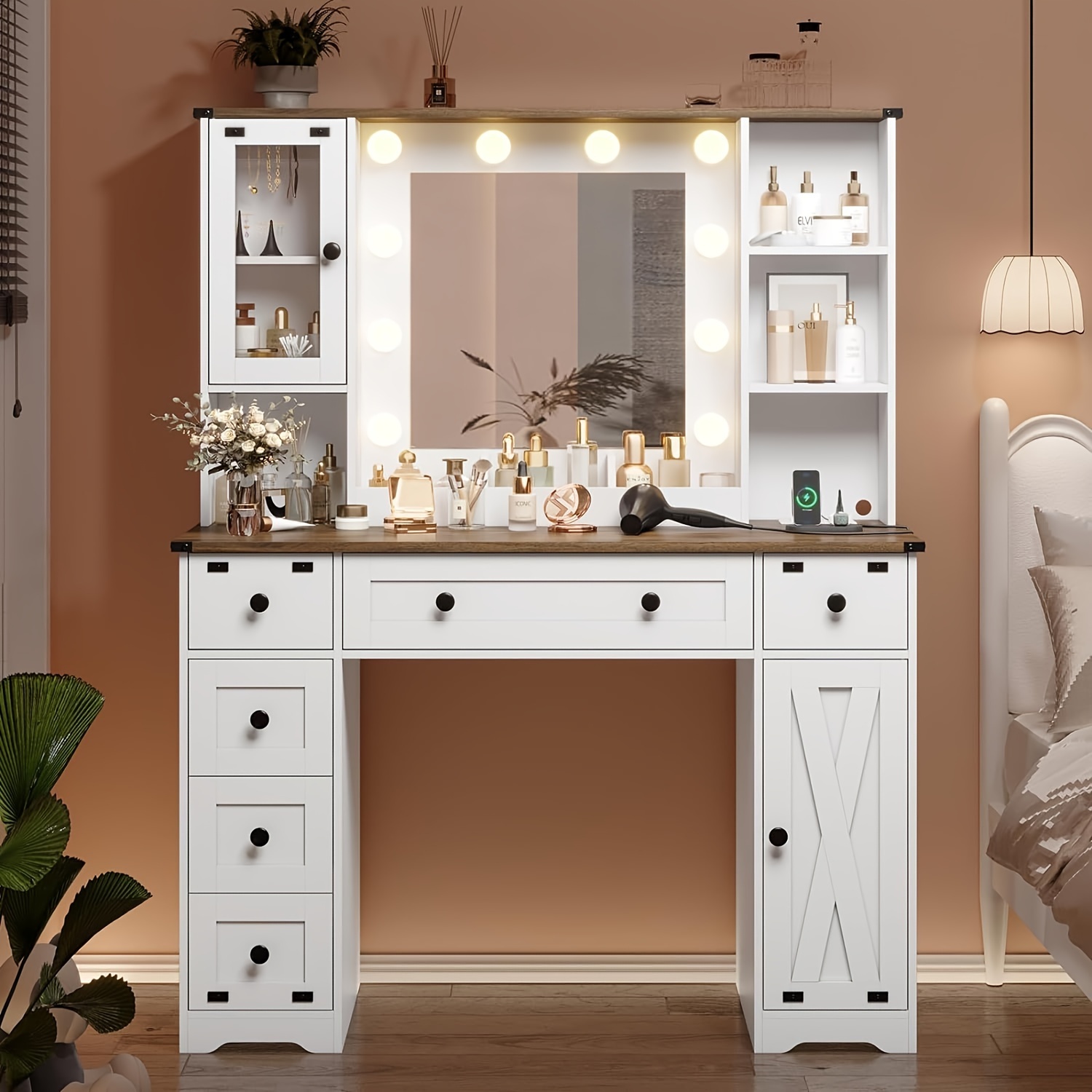 

Farmhouse Vanity Desk With 3-color Lighted Mirror&charging Station Makeup Dressing Table With 6drawers&cabinet, White