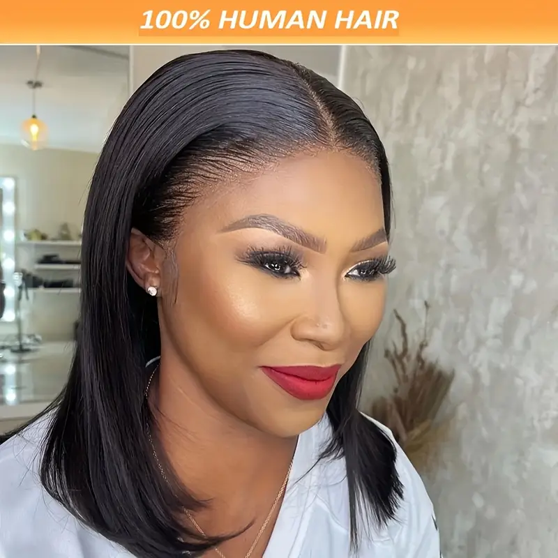 glueless 13x4 lace front wig straight short bob cut natural hairline with baby hairs hd transparent lace 150 density brazilian human hair for women parted or details 2