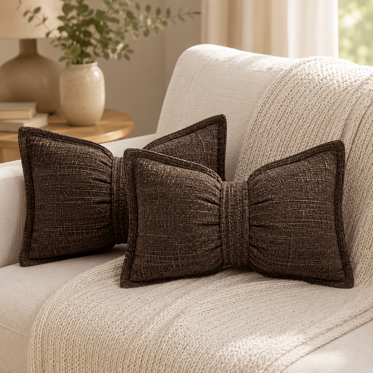 TEMU 2pcs 30 X 50 Cm/12 X 20 In Elegant Pressed Edge Bow Lumbar Pillow Covers, Solid Color Textured Decorative Cushion Covers For Sofa Bed Bedroom