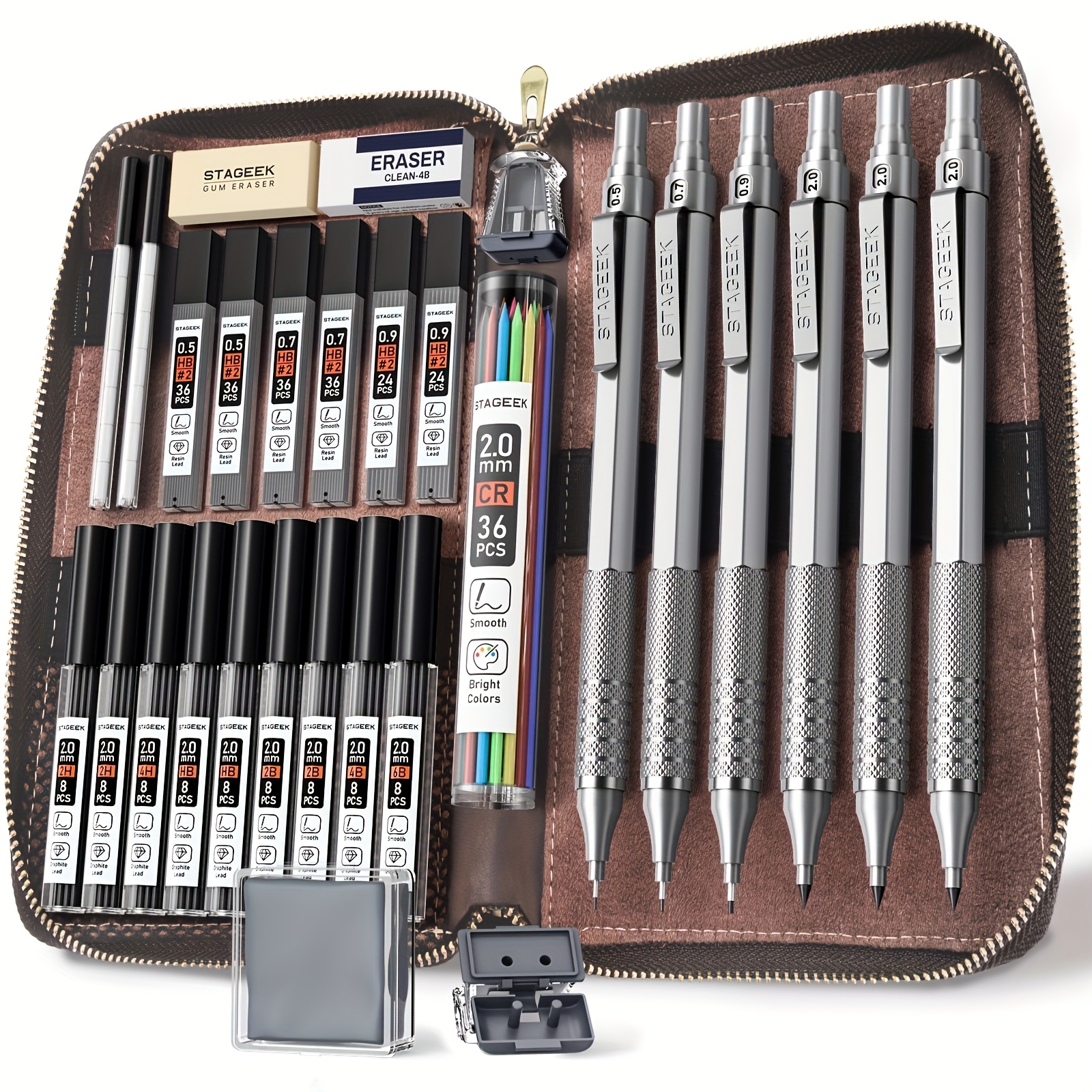TEMU 1 Set Of Art Metal Mechanical Pencil Set With Leather Case, Including 6 Art Drawing Pencils, 0.5, 0.7, 0.9, 2.0mm Mechanical Drawing Pencils,