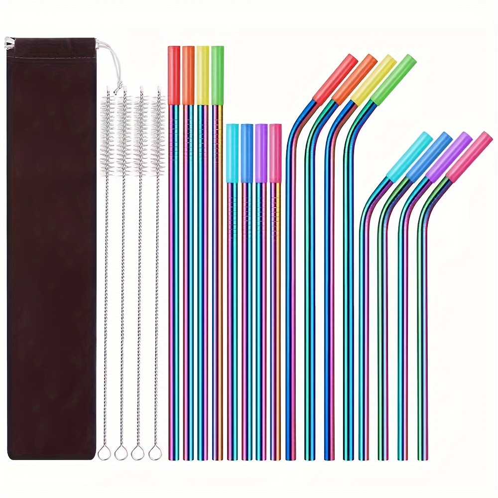 

16pcs, Rainbow Color Reusable Stainless Steel Straws, 10.5" & 8.5" Reusable Drinking Straws With 16 Silicone Tips, 4 Straw Brushes, 1 Travel Case, Extra Long Metal Straw For 20 30 Oz Tumbler
