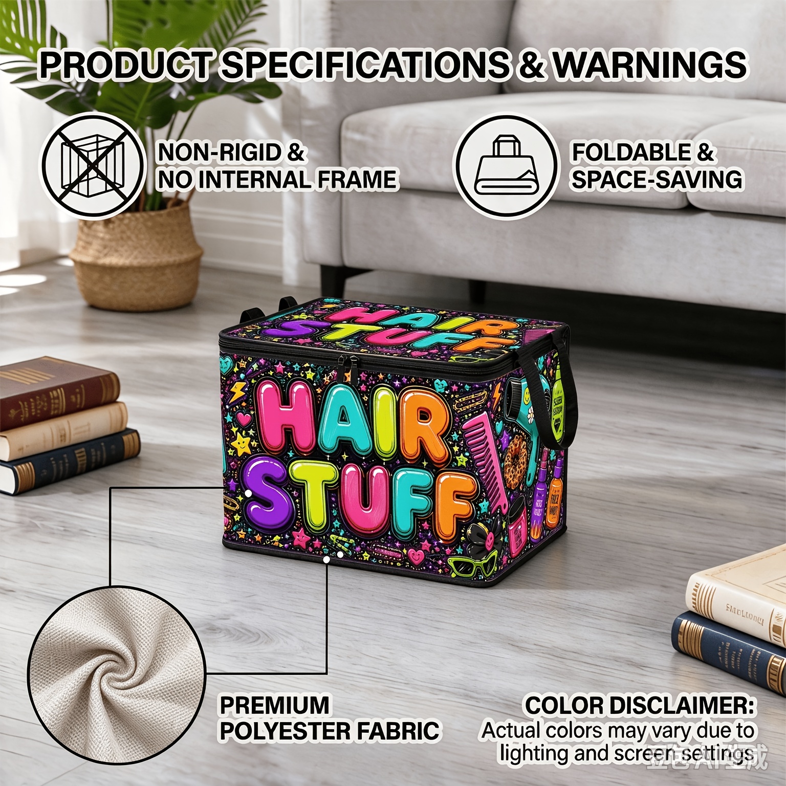 TEMU 1pc Large Foldable Zipper Storage Box Storage Box, 2d Colorful Hair Graffiti Pattern Gift, High-end Style Element Printing, Very Suitable For