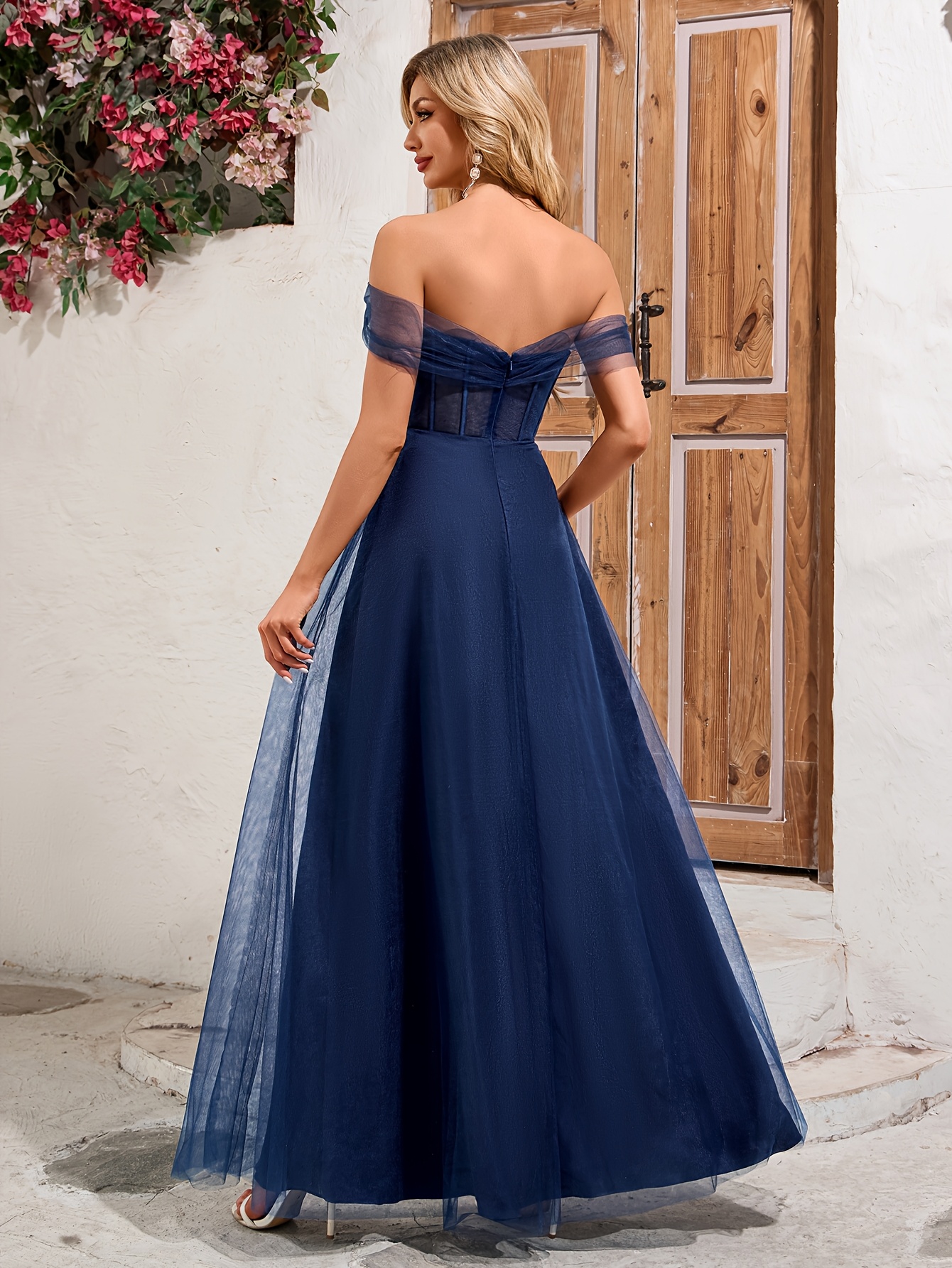womens elegant strapless formal gown navy blue wedding party - Temu Mexico