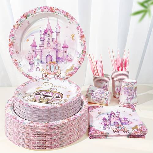 140pcs princess theme birthday party decorations back to school party supplies disposable tableware set including plates napkins cups forks and straws serves 20 guests
