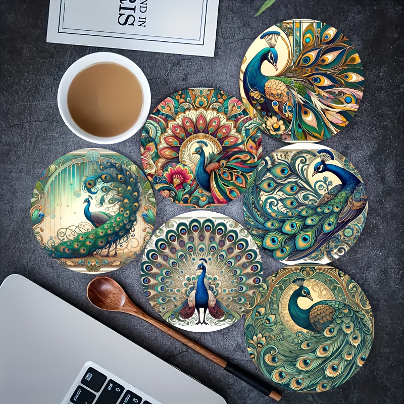 TEMU 6pcs Set Luxe Peacock Majesty Wooden Coasters - Water Absorbent Heat Insulated Anti-slip For Home Office Bar Decor, High-quality Durable