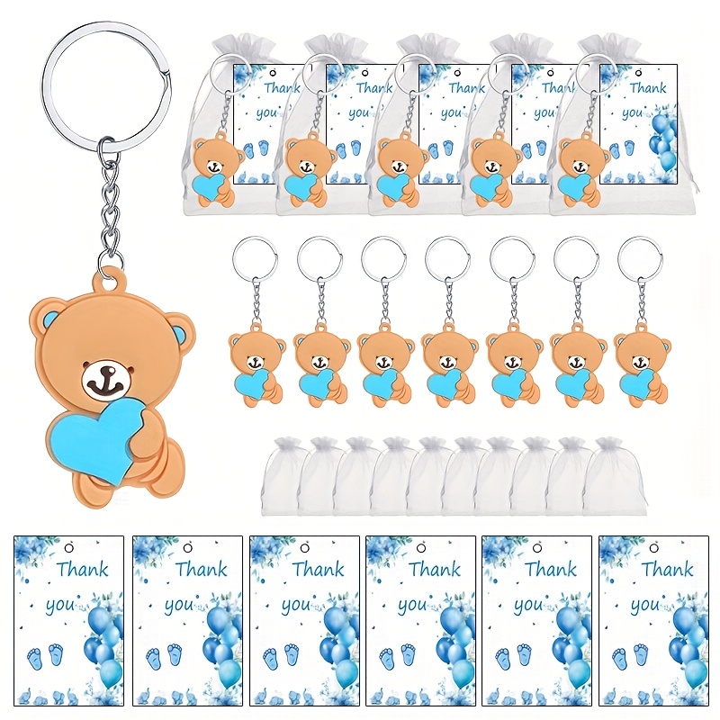 

36pcs, Bear Keychain Party Souvenir, Gender Reveal, Birthday Party, Christmas Party Gift For Guests, Set Includes 12pcs Bear Keychains And 12pcs Blue Thank You Tags And 12pcs White Gift Filler Bags