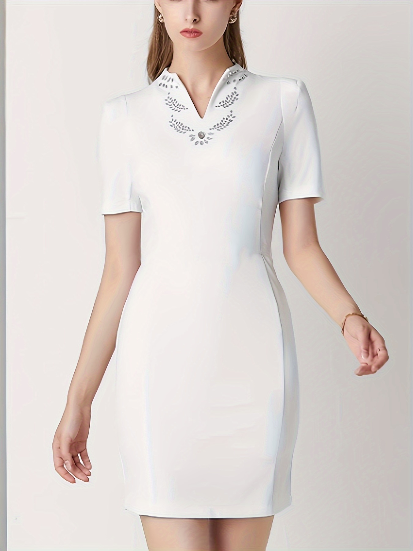 Notched Neck Simple Dress Elegant Lantern Long Sleeve Mini - Temu