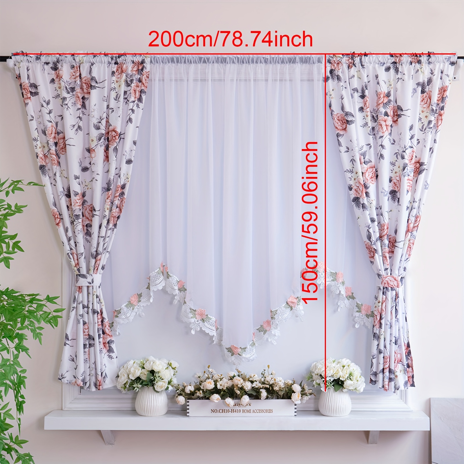 E-shop Dekorativer -Vorhang, 1 Stück, 150*120cm bis 400*160cm weitere Größen , Blumenmuster mit geprägtem Saum Bändern, Stangen--Design,