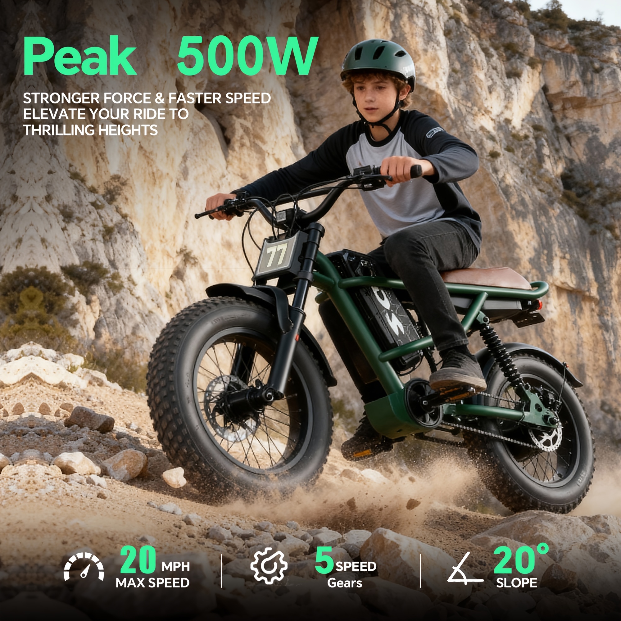 electric bicycle for teenagers with a     500w 20mph   motorcycle 48v15 6a detachable battery 5 speed 16 inch all terrain wide tires cool and stylish suitable for     terrains