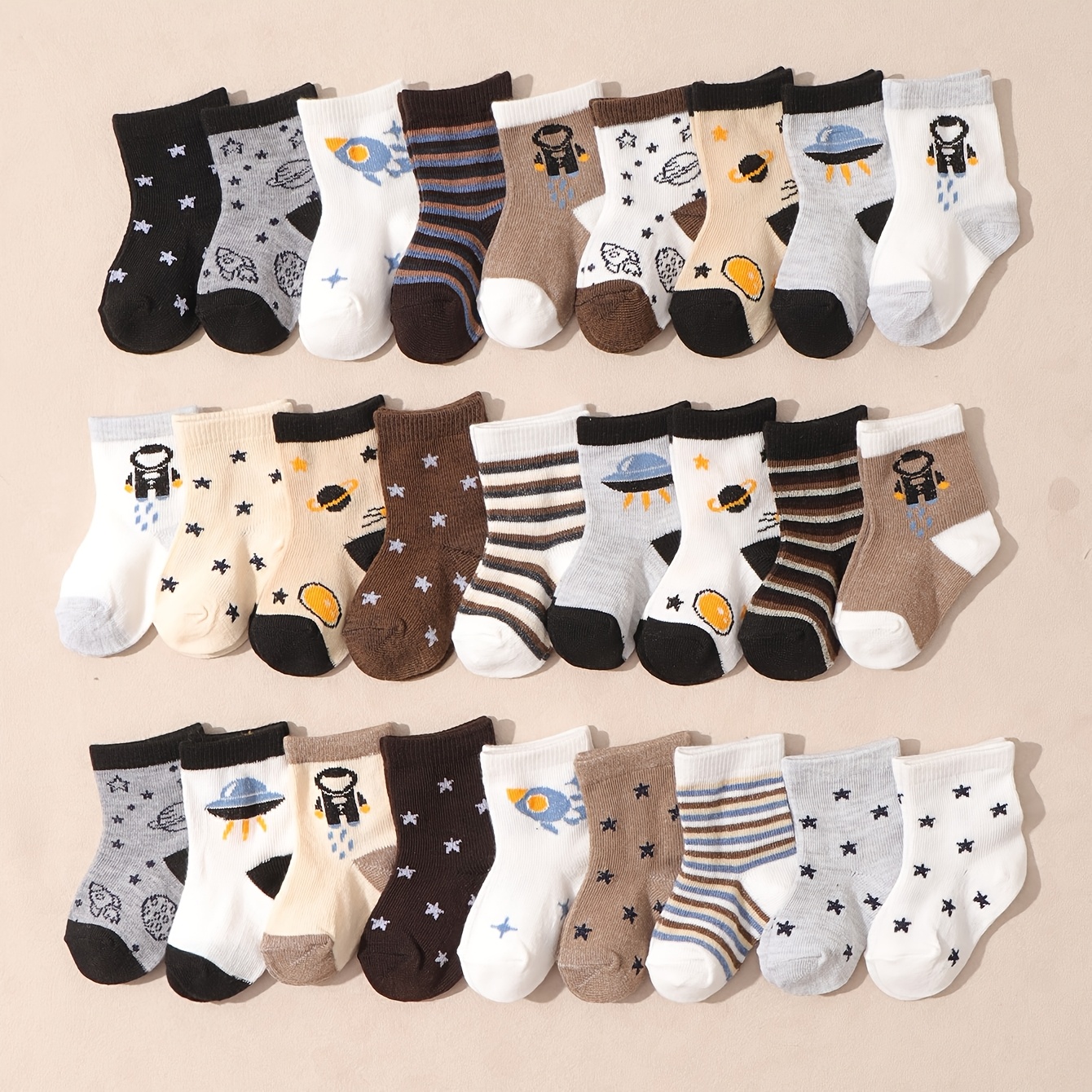 10 Pairs Of Solid Color Baby Socks With Star And Stripe Patterns For Everyday Casual Wear