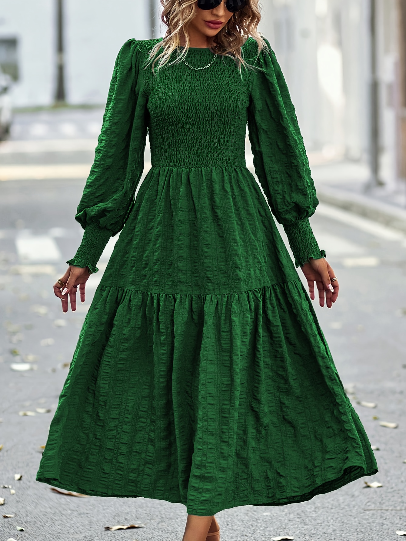 green emerald velvet dress Girls Dress Green Casual Cotton Long Sleeve Dress – Sunny Fashion main image 1