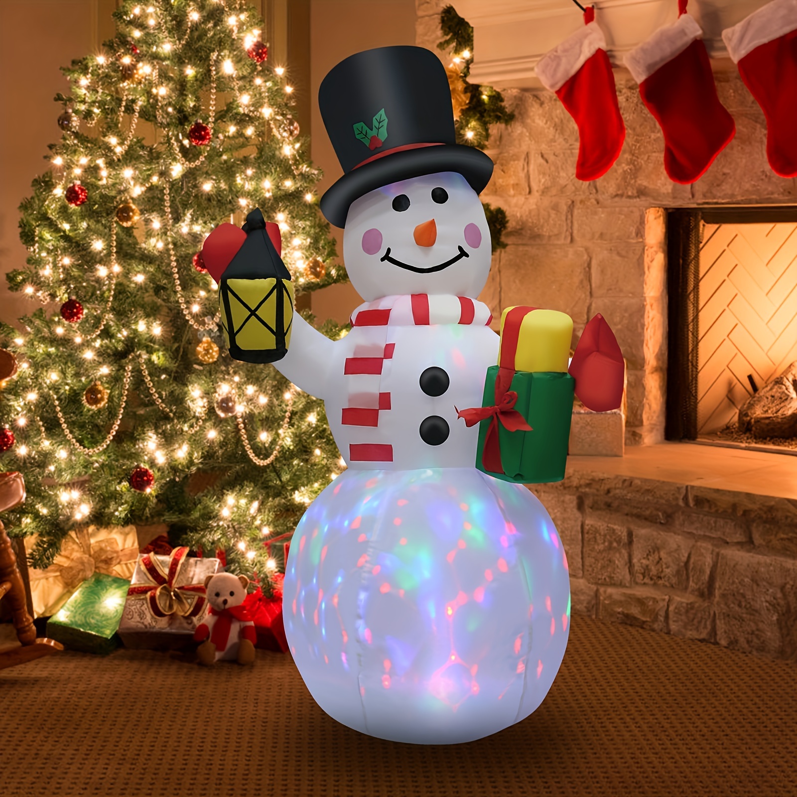 

1pc Snowman Inflatable Yard Decoration With Gift Bag And Lantern, 110-130v Us Plug, Weatherproof Led Lights, Polyester Outdoor Garden Patio Lawn Decor, Holiday Gift