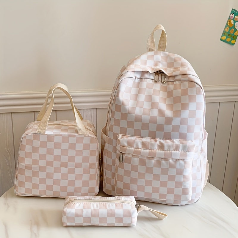 TEMU Juego de 3 piezas para mujer: Mochila, Bolso y con diseño de cuadros , Bolsillo multifuncional (Ideal para , mujeres trabajadoras, campus o