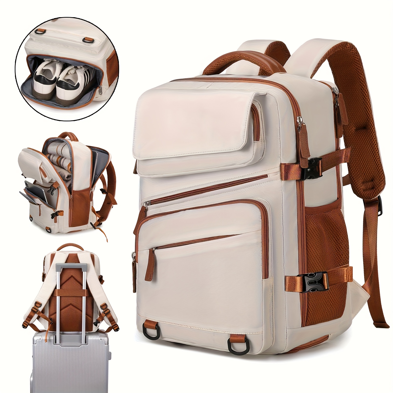 Image of Beige And Brown Women's Travel Backpack With A Shoeshine Feature, Designed For .6-inch Laptop. It Has An Adjustable Shoulder Strap, Multiple Pockets, And Is