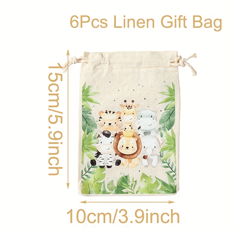 TEMU 6 piezas de bolsas de lino con cordón de animales de - Bolsas de regalo para temática de con diseños , , cebra y mono, de para baby shower,