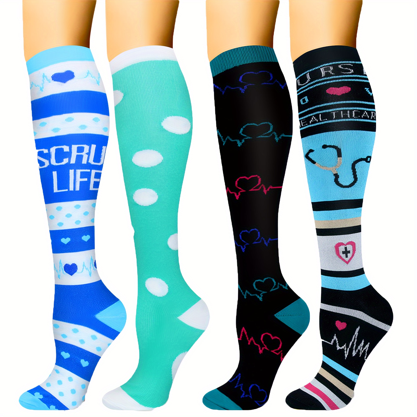 

Pressure Socks - Stockings 200 Stitches 4 Pairs (light Green Background White Dots + Lake Blue Ecg + Blue White Ecg + Stethoscope)