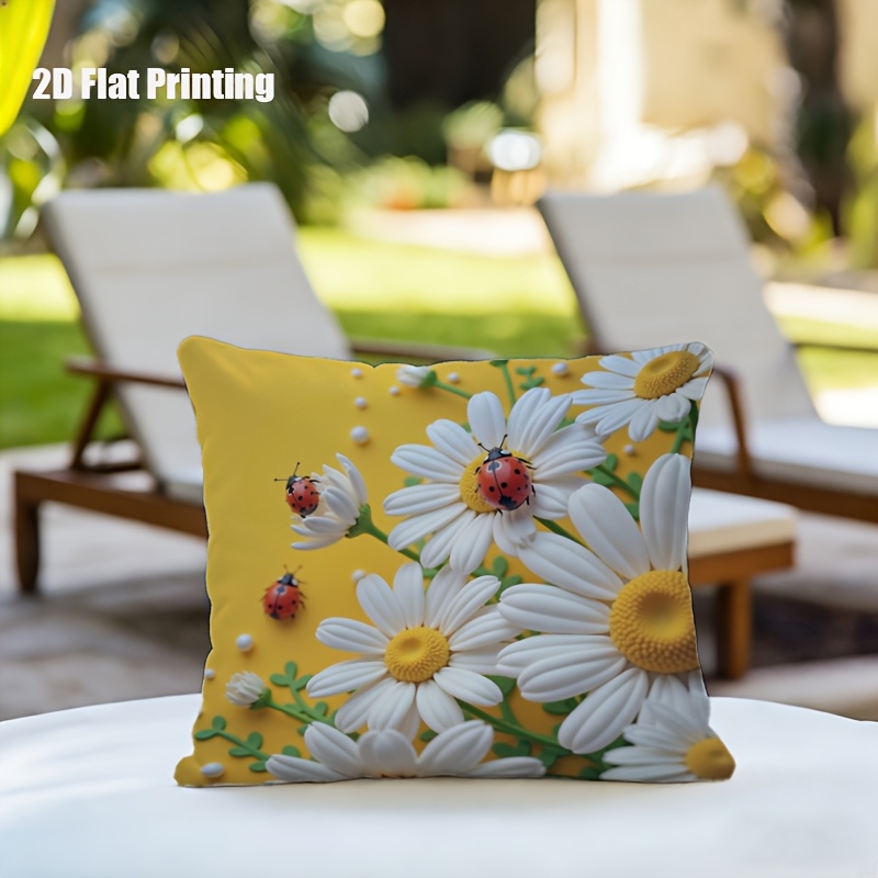 2D Flat,Terrace Cushion Cover,1pc 18X18 Inches Quare Pillow Cover, Ladybugs Rest on Daisies.,Decoration, Gifts,Valentine Festival Gifts,Outdoor Indoor,Garden Decoration, 2D Flat