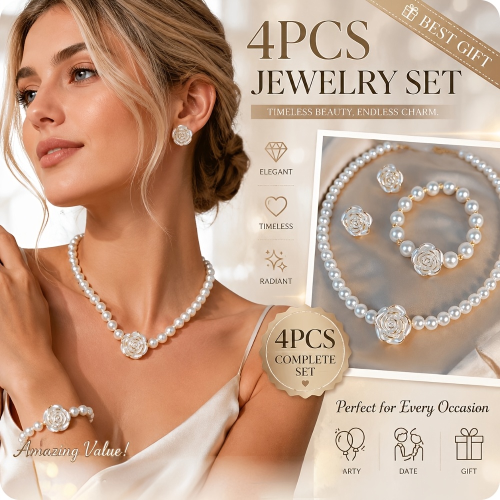 TEMU 4pcs Elegant Set With Free Ring, Retro Luxury Women Necklace Bracelet Earrings, All-match Ornament For Daily Wear Party Wedding Birthday