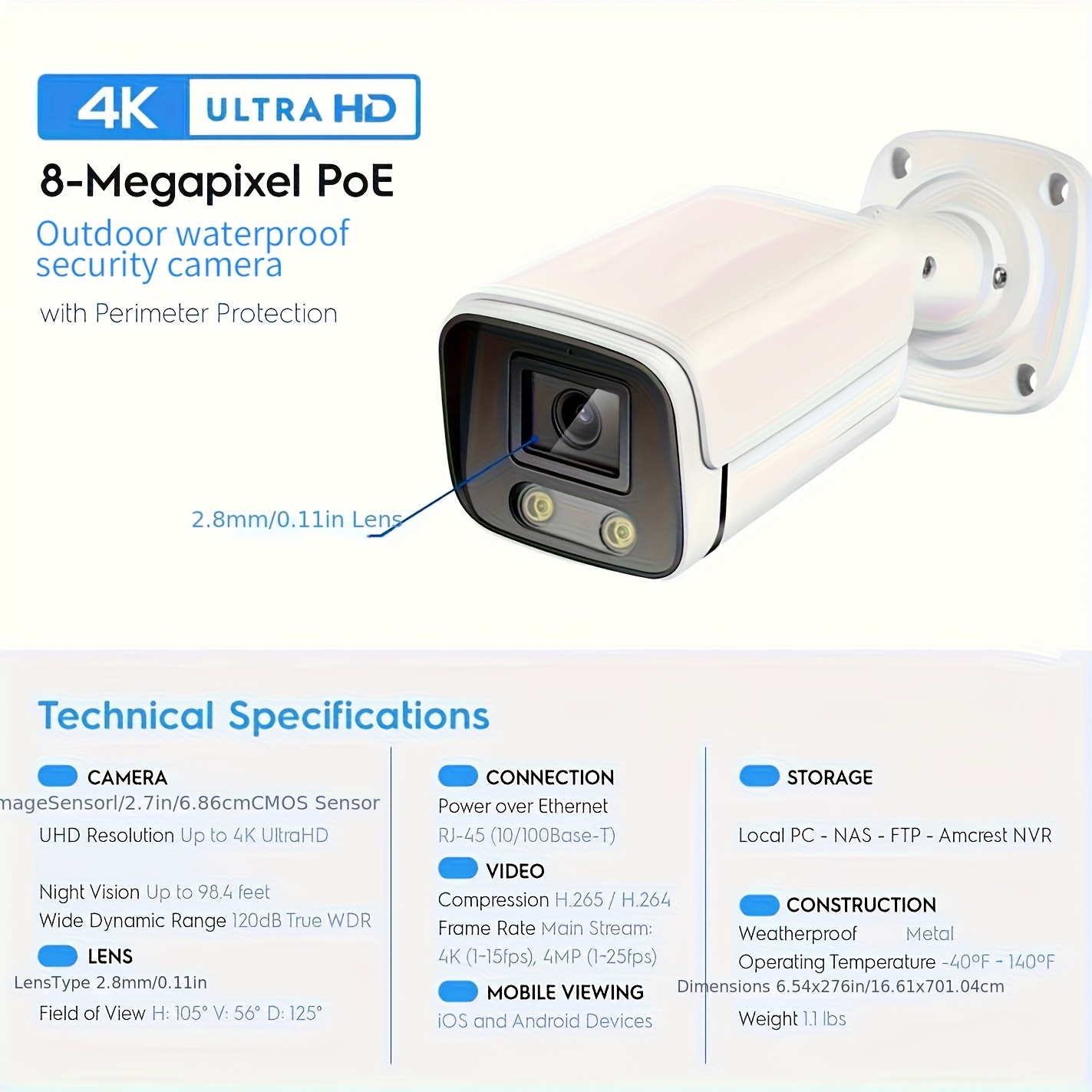 8mp poe security camera with 100- infrared night vision, 24/7