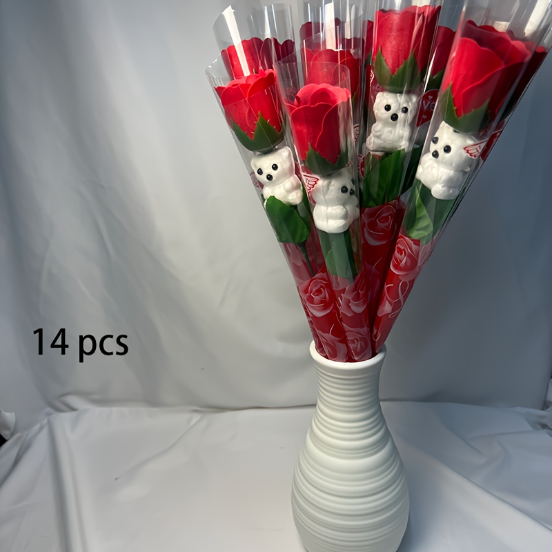 Image of 14pcs Bear And Rose Artificial Flower Bouquet Home Decor, Luxury Gift Set For Mother's Day, Valentine's Day, Teacher's Day, Anniversaries, And Romantic Gifts