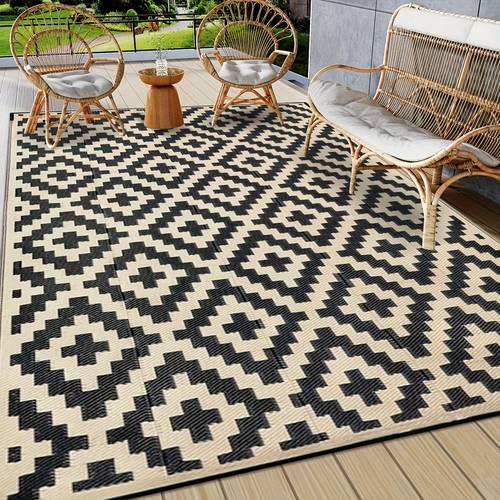 outdoor carpet with carry and ground pegs double sided plastic rug large floor mat suitable for outdoor use rvs patios backyards decks picnics camping in black and beige