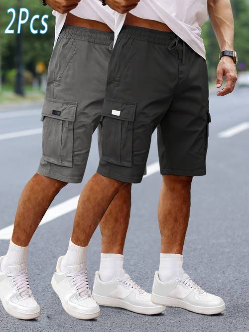 2pcs mens casual cargo shorts solid color waist drawstring shorts with multiple pockets non stretch fabric for hiking outdoor activitie