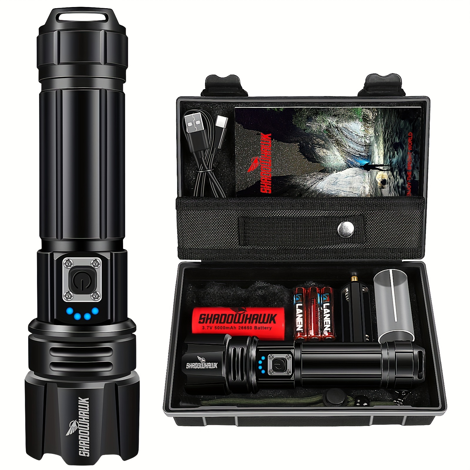 TEMU Shadowhawk S1476 Led Flashlight - Xhp70.2, Usb Rechargeable With 5 Light , Includes Battery & Charging Cable, Portable Design For Camping, Hiking, Emergencies - Black, Flashlight Rechargeable