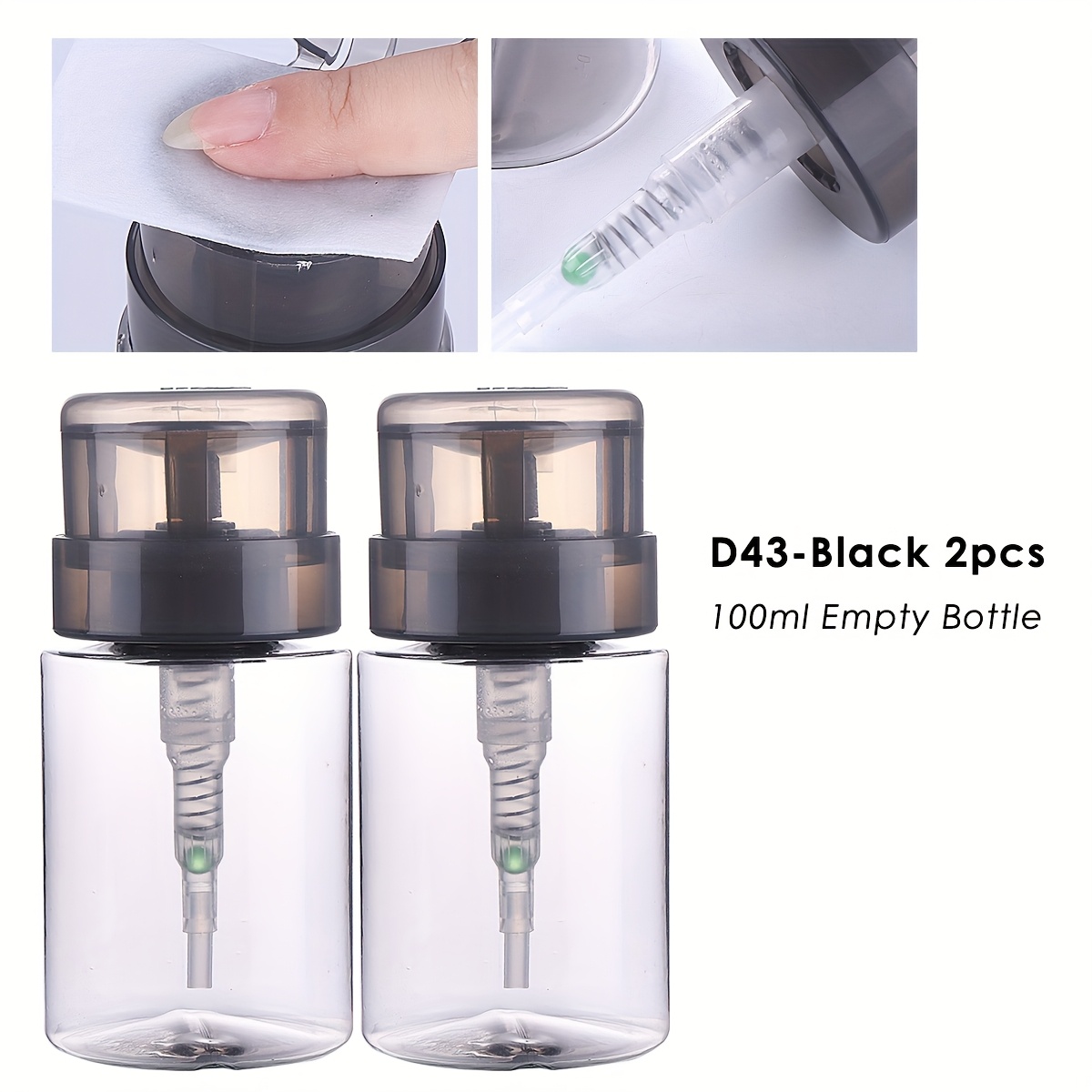2 Bottle 100ml Empty Nail Art Polish Clean Bottle Push Pump Dispenser Liquid Storage Bottle Transparent Black Cleanser Remover Container Manicure Tools