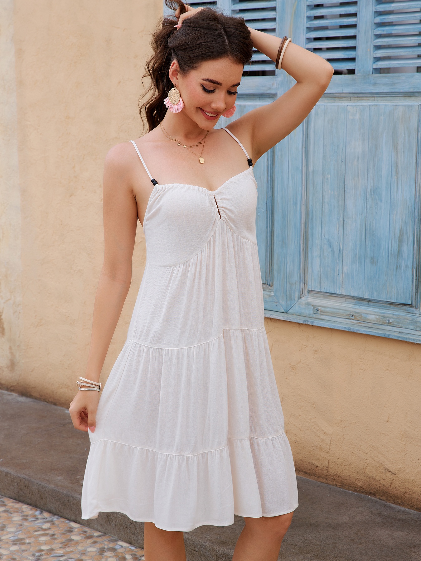 essential for vacation! a pink and white tropical floral print sundress  with a deep v and layered skirt, stunning beach looks. and ! a floral  holiday dress with thin straps and unique