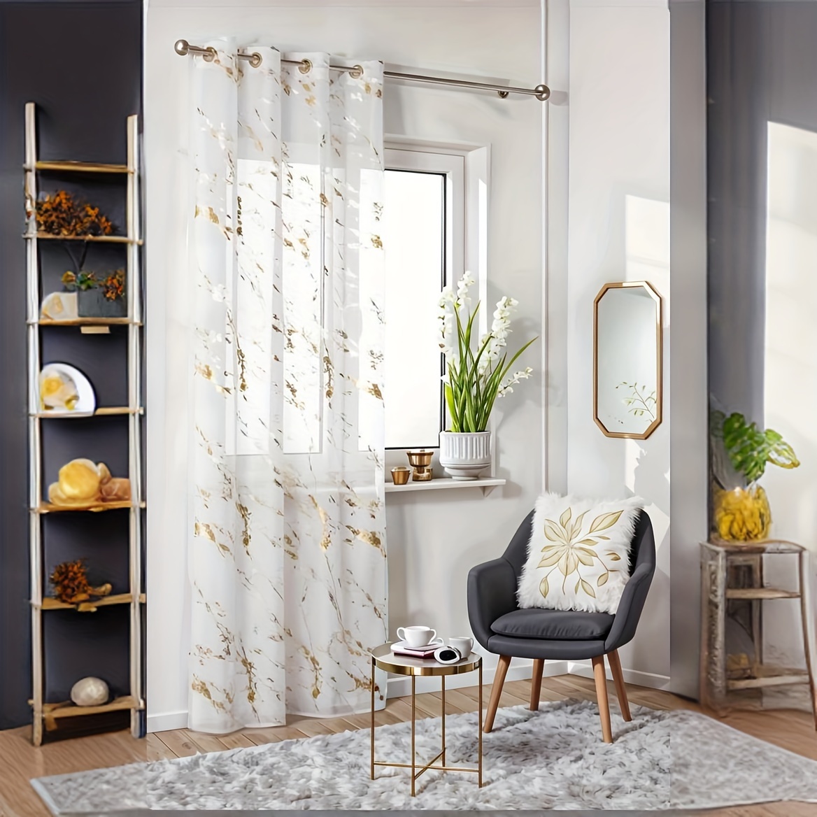 1pc Grommet Marble Pattern Curtain, Living Room Bedroom Decorative Curtain