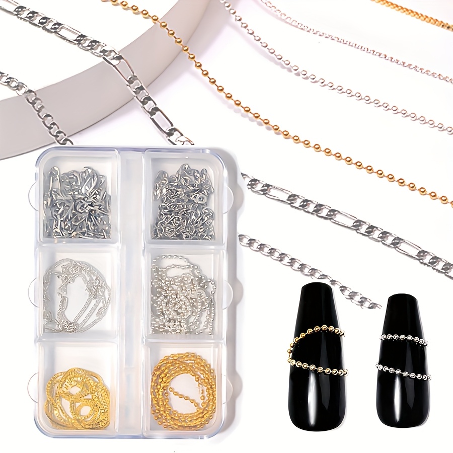 TEMU A Set Of 6 Strips Of Nail Chain Charms, Featuring 30cm Metal Chains In Golden, Silvery, And Gray For 3d Nail Art, Perfect For Manicure Decorations