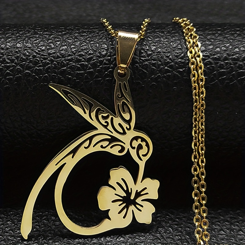 TEMU Women's 304 Stainless Steel Hummingbird & Hibiscus Flower Pendant Necklace - - Elegant Bird & Flower, Durable Tarnish-resistant Chain,