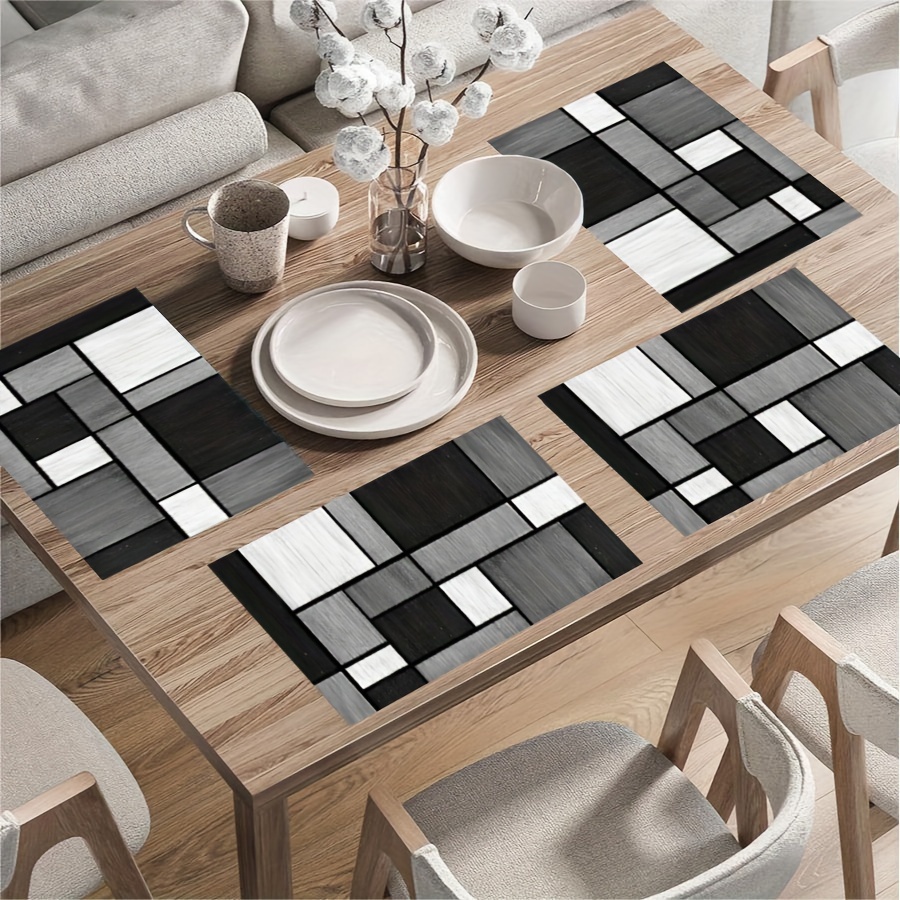 

4/6pc Black And White Plaid Linen Place Mats, Heat Resistant Dining Table Decor, Machine Washable Square Knit Fabric Mats For Kitchen And Dining Room Decor, 100% Linen - 18"x13