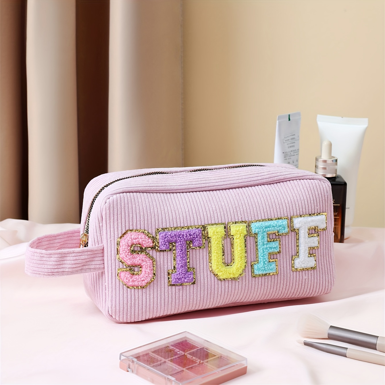 TEMU 1/4pcs Preppy Corduroy Makeup Bag, Freshman Letter Patch Zipper Pouch, Large Capacity Fashion Wallet Organizer, Portable Travel Cosmetic Bag
