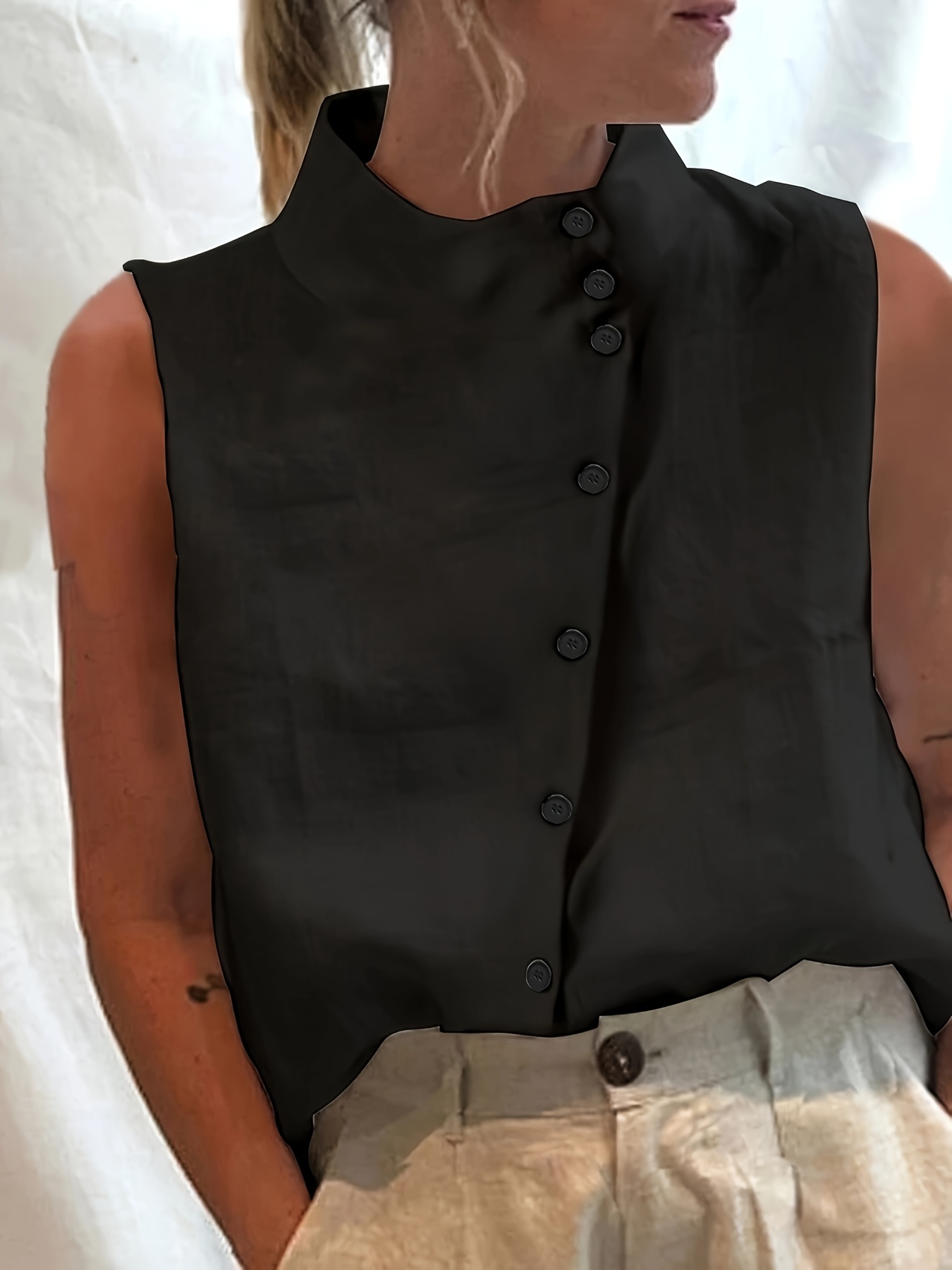 women's cotton high neck button front blouse solid color Temu