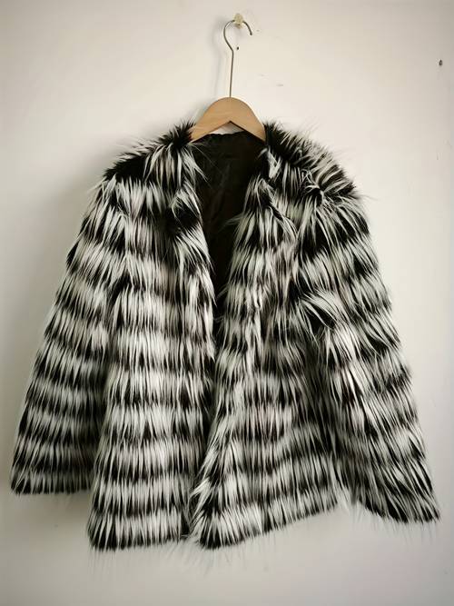 mens winter fox fur striped warm jacket large size length coat with black and white herringbone pattern long sleeves and button closure cold weather or casual