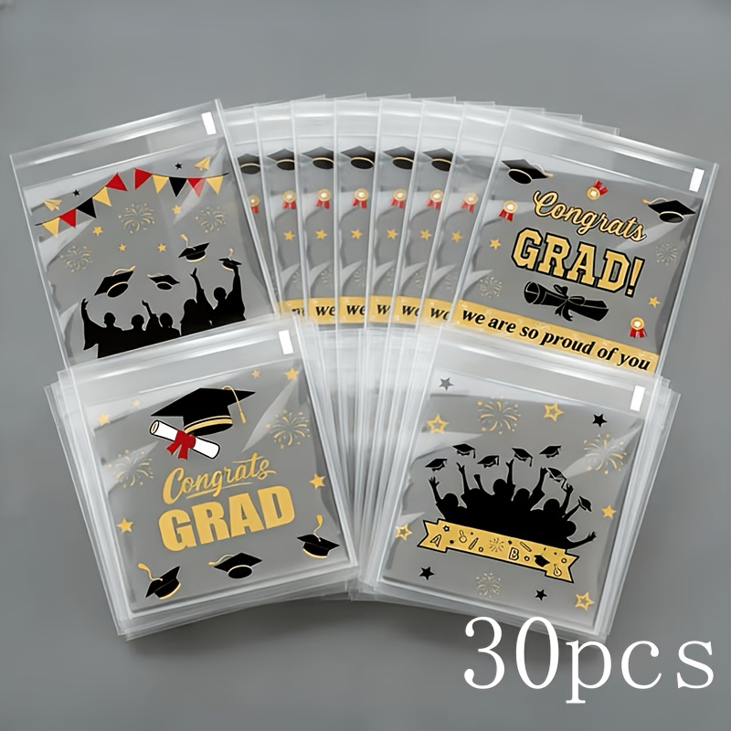TEMU 30pcs Self-adhesive Graduation Gift Bags Suitable For Graduation Parties, Plastic Favor Bags With 4 Styles & Decorations, Congratulations