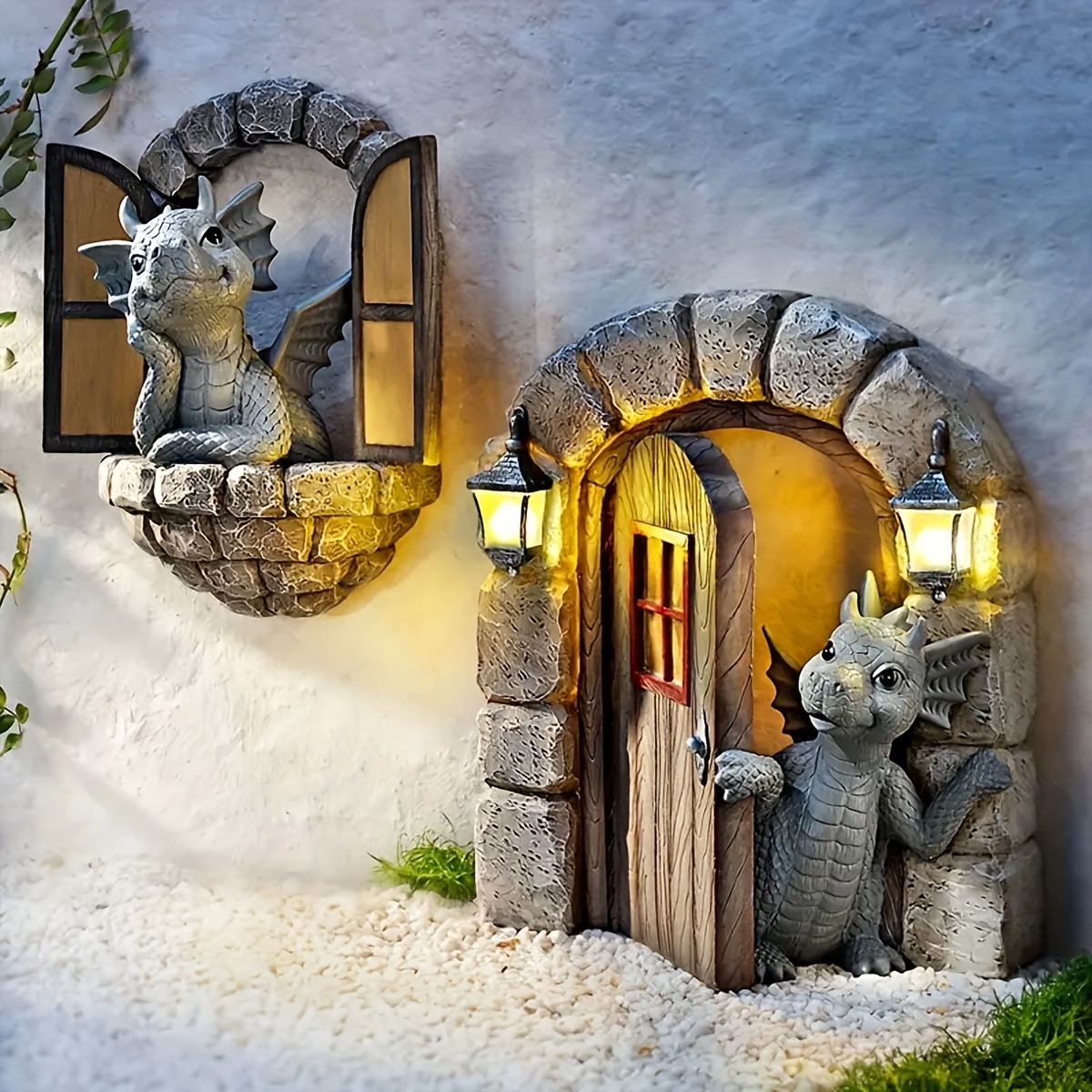 

Charming Dragon Statue With Open Window & Door - Resin Cartoon Animal Wall Art For Garden Gate Decor, Perfect For Halloween