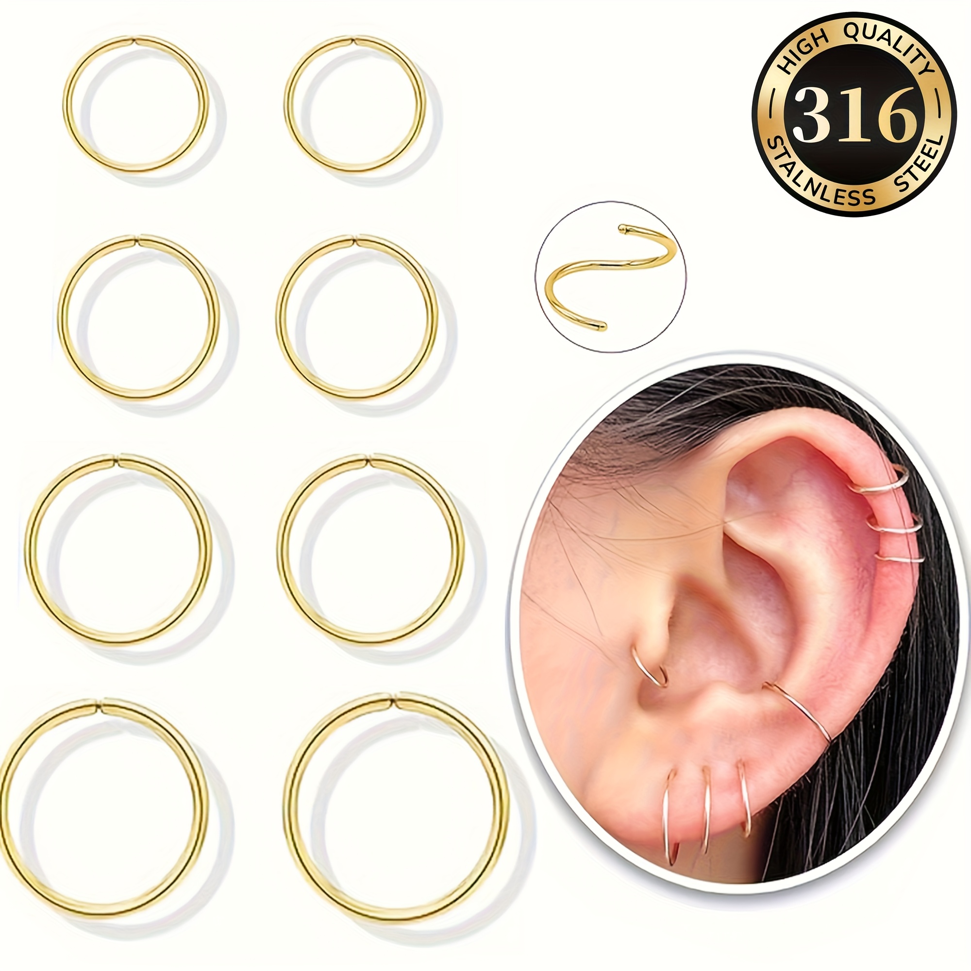 TEMU 8pcs Exquisite Small Full-body Steel Open Hoop Earring Set, Suitable For Daily Men And Women For Cartilage, Rook, Daith, Tragus, Nose, And Helix