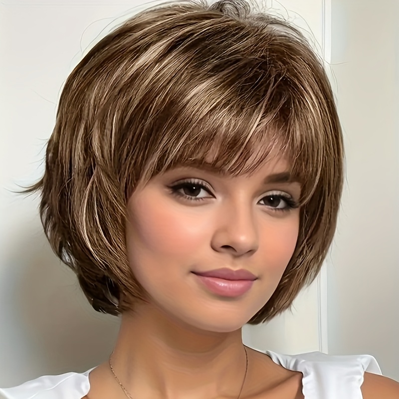 TEMU Elegant Women's Bob Wig With Bangs - Stylish Brown Straight Hair, Soft High-temperature Fiber, Perfect For Parties & Everyday Use, Party Hair