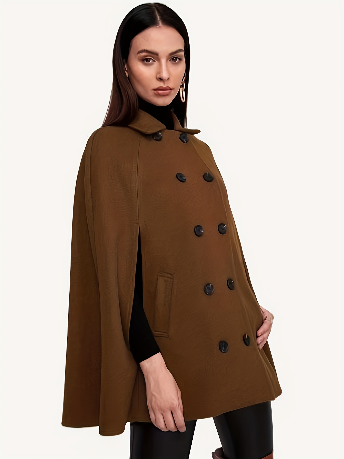 Double-breasted Cape Sleeve Coat, Elegant Solid Long Sleeve Cloak Coat For  Fall Winter, Women's Clothing