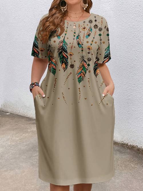 plus size plus size fashion ethnic print round neck short sleeve dress with pockets